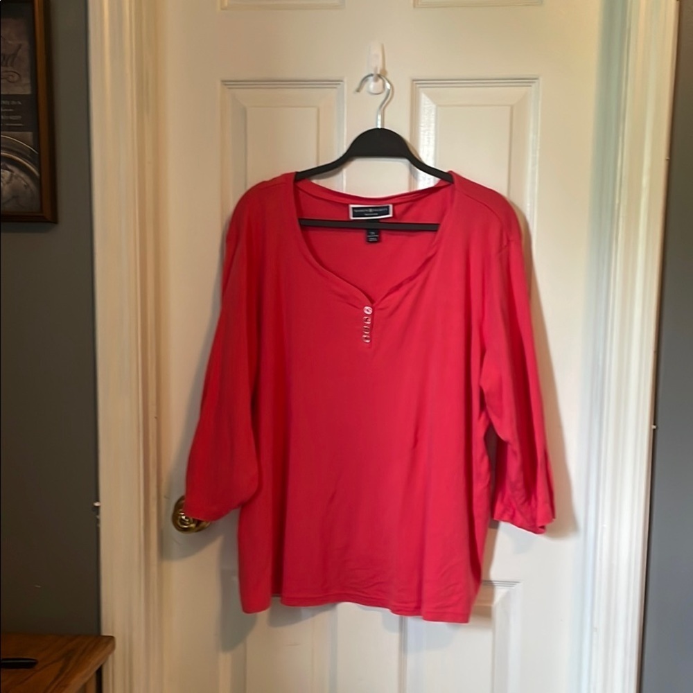 ❤️Karen Scott Deep Coral Relaxed Buttoned Henley Shirt - Picture 2 of 5
